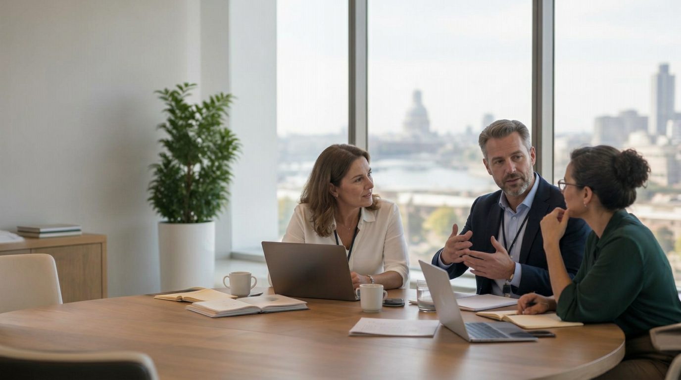 Führungsteam im Gespräch in einem hellen Büro