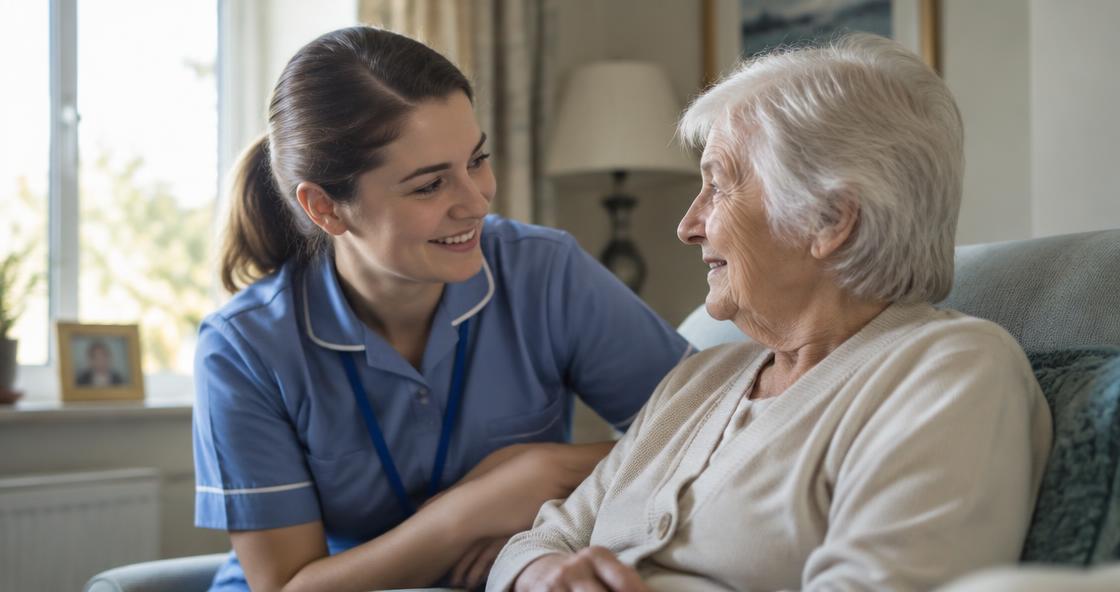 Pflegekraft im Gespräch mit einer älteren Patientin