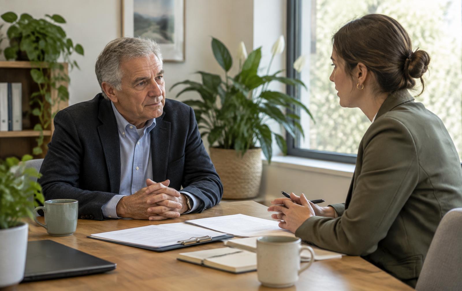 Inhaber eines Pflegeunternehmens im ruhigen Gespräch mit einer Gesprächspartnerin